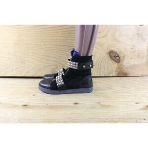 Gianmarco Lorenzi Boots 5.5 Black Blue Leather Shearling Lined Studded 36 Ankle